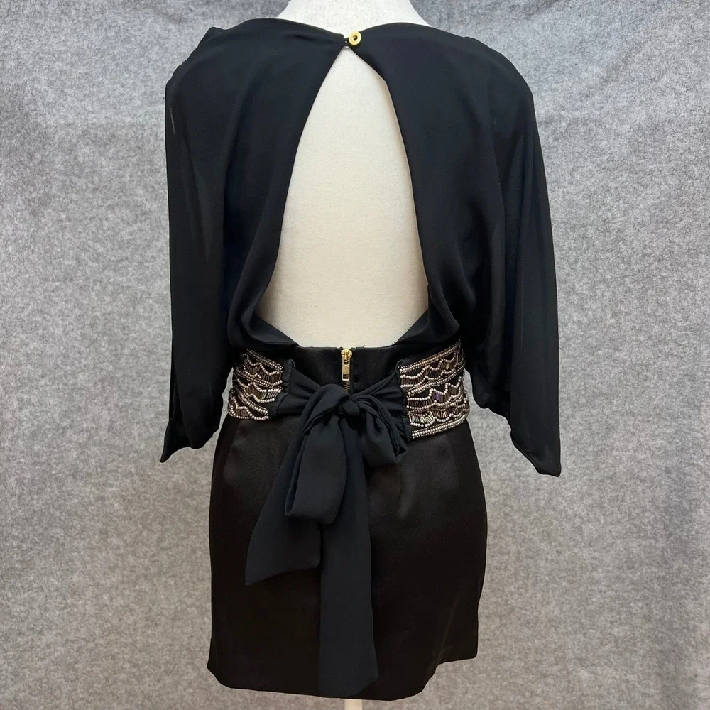 XOXO Flowy Black Beaded Waist Open‎ Back Mini Dress Party Cocktail Size 3/4